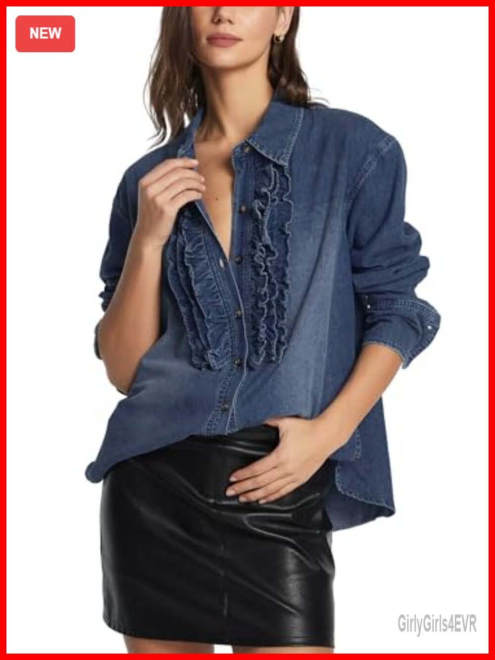 Women's Button Down Denim Shirt Ruffled Long Sleeve Blouse